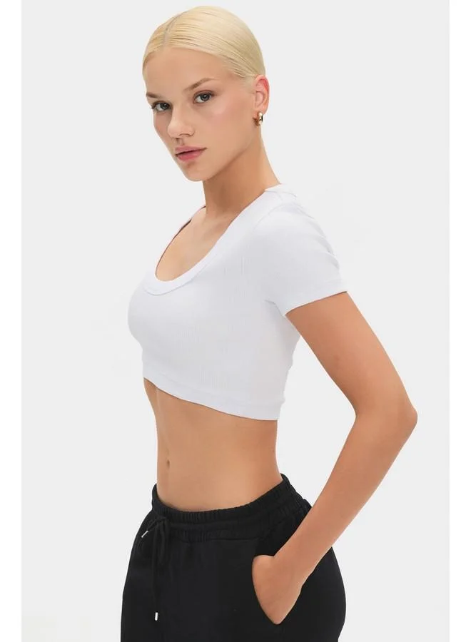 JUNE June Women Cotton Ribbed Crop Short Sleeve Tshirt White