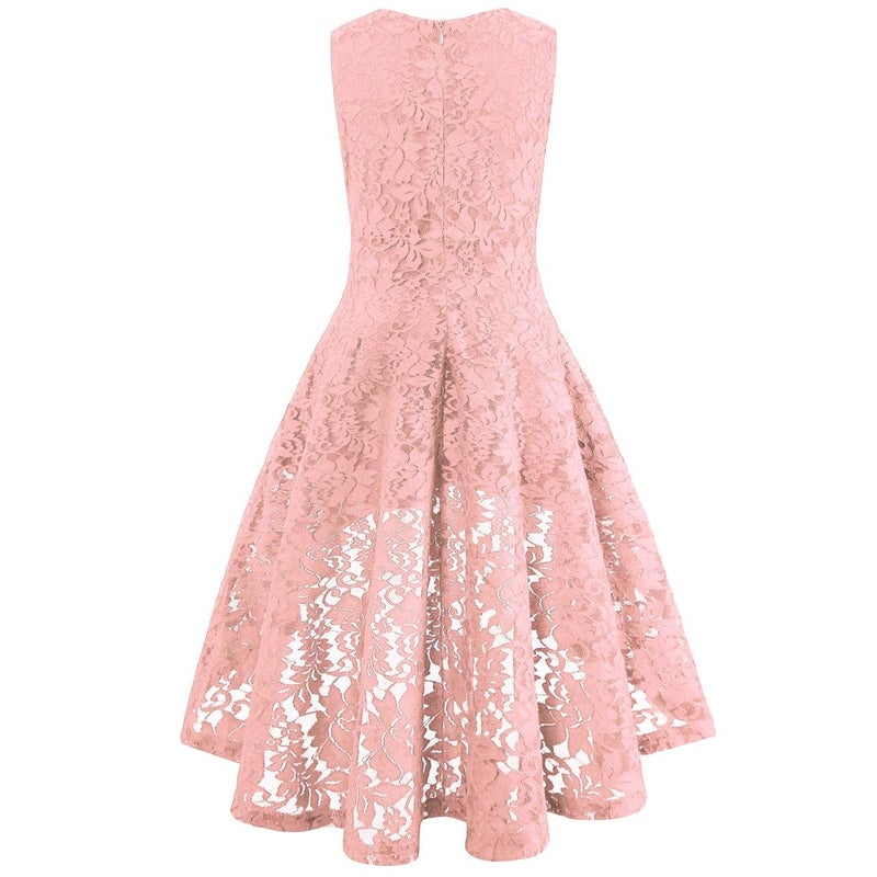 Viriber Girls Floral Lace Dress Easter Bridesmaid Vintage Formal Cocktail Party Swallowtail Swing Dresses 7-14 Years(Pink Lace,11-12T) - Image 2