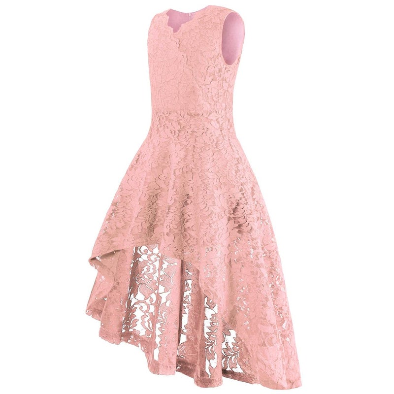 Viriber Girls Floral Lace Dress Easter Bridesmaid Vintage Formal Cocktail Party Swallowtail Swing Dresses 7-14 Years(Pink Lace,11-12T) - Image 3