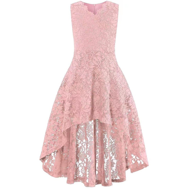 Viriber Girls Floral Lace Dress Easter Bridesmaid Vintage Formal Cocktail Party Swallowtail Swing Dresses 7-14 Years(Pink Lace,11-12T) - Image 1