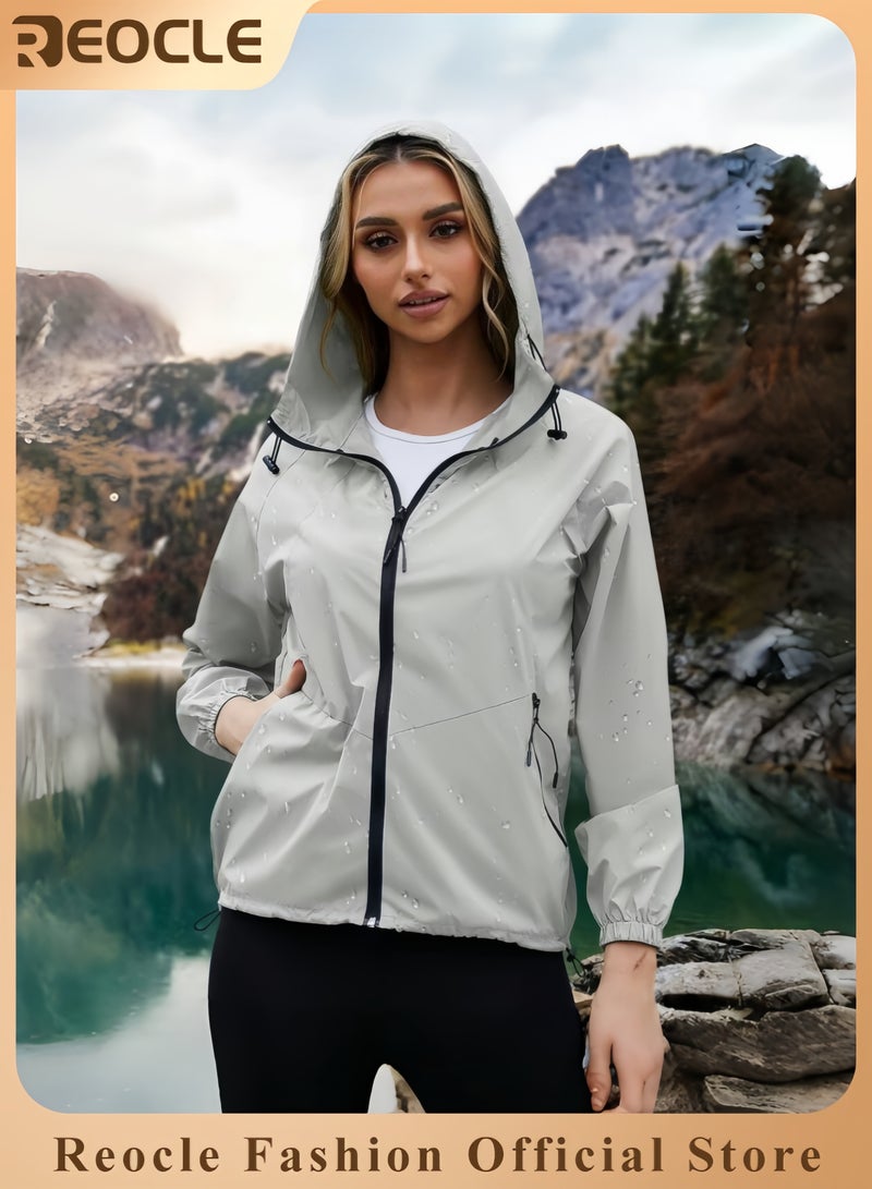 REOCLE Womens Rain Jacket Waterproof Lightweight Packable Outdoor Hooded Windbreaker Windproof Adjustable Raincoat  - Image 1
