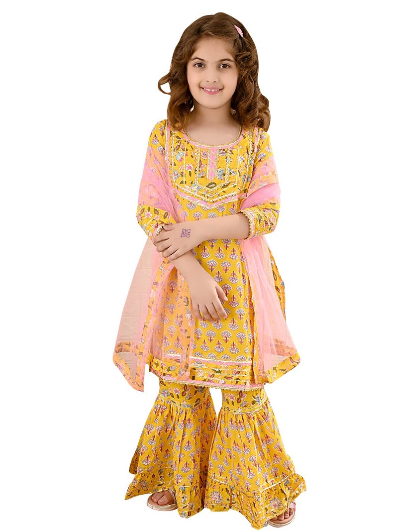 LILPICKS Girls Floral Printed Gota Patti Designed Kurta Sharara Set with Dupatta (Yellow Pink) (Size 7-8Y) - Image 1