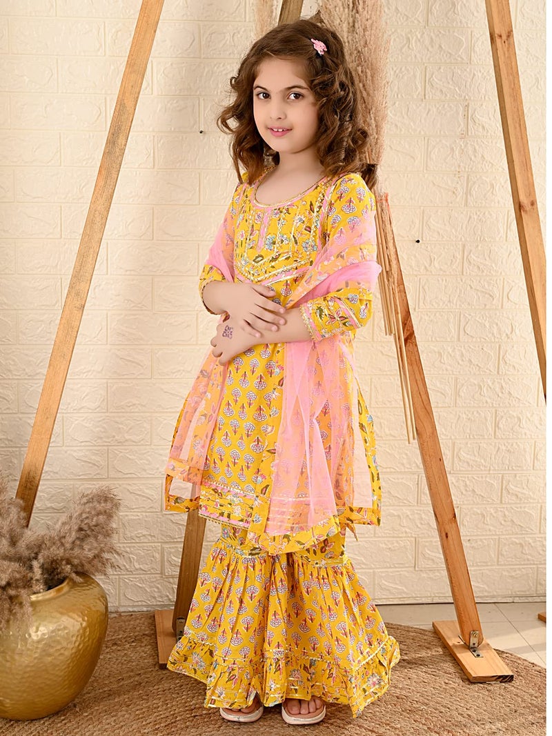 LILPICKS Girls Floral Printed Gota Patti Designed Kurta Sharara Set with Dupatta (Yellow Pink) (Size 7-8Y) - Image 4