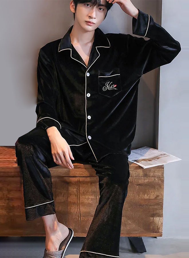 MARGOUN Men Velour Pajamas Set Long Sleeve Leisure Suit Home Clothes Soft Sleepwear Nightclothes Black  - Image 1