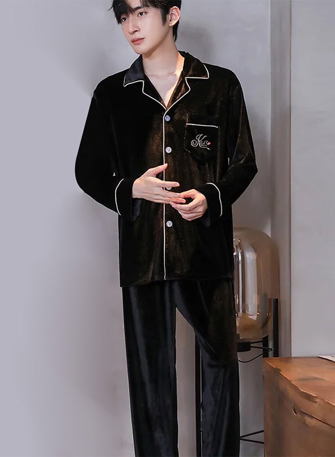 MARGOUN Men Velour Pajamas Set Long Sleeve Leisure Suit Home Clothes Soft Sleepwear Nightclothes Black  - Image 2