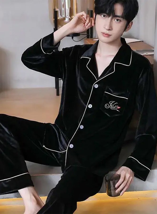 MARGOUN Men Velour Pajamas Set Long Sleeve Leisure Suit Home Clothes Soft Sleepwear Nightclothes Black  - Image 3