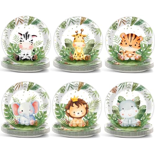 Justforjoyful 60Pcs Jungle Safari Plates Party Supplies Zoo Animal Paper Plates Safari Tableware Party Decorations for Birthday Baby Shower Woodland Animals Print Dinnerware Party Favors for 60 Guest - Image 1