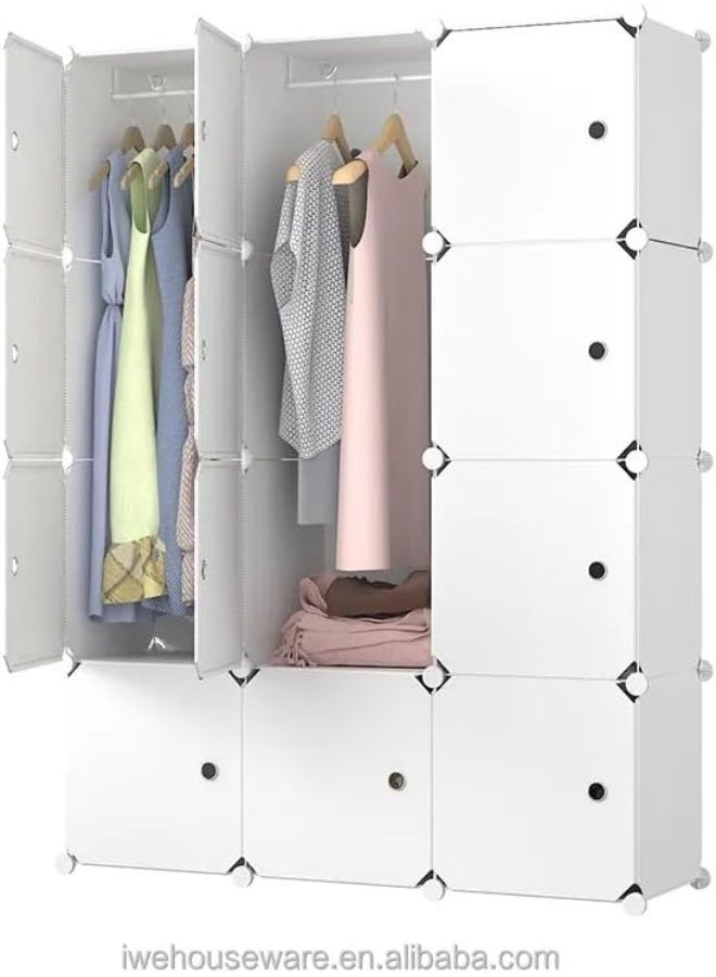 Portable Closet Clothes Wardrobe Bedroom Armoire Storage Organizer With Hanging Section, Capacious & Sturdy, 12 cabinets full white color (2 Hangers & 6 Cubes) (12 cube white) - Image 3