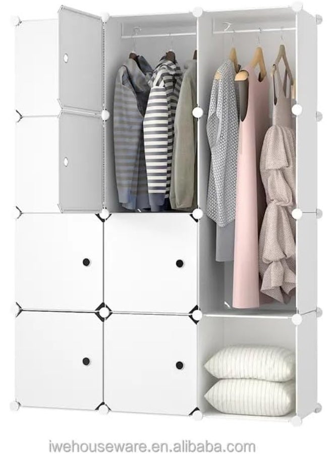 Portable Closet Clothes Wardrobe Bedroom Armoire Storage Organizer With Hanging Section, Capacious & Sturdy, 12 cabinets full white color (2 Hangers & 6 Cubes) (12 cube white) - Image 5