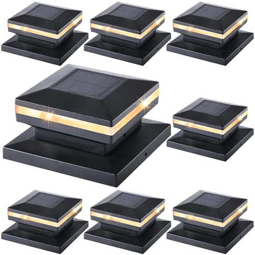 Dynaming 8 Pack Solar Post Cap Lights, Outdoor Decorative Post Solar Lights Black Shell Caps Fit 4x4 5x5 6x6 Vinyl/Wooden Posts, Brightness Warm White LED Lighting for Garden Fence Deck Patio - Image 1
