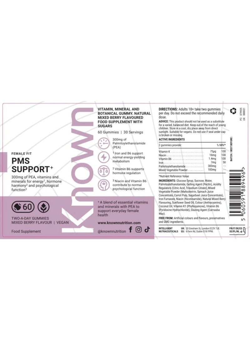 Known PMS Support Gummies – Mixed Berry Flavour, Vegan Supplement with 300 mg Pea, Iron & Vitamin B6 – Hormonal Balance, Cognitive Function & Energy – 1 Month Supply - Image 2