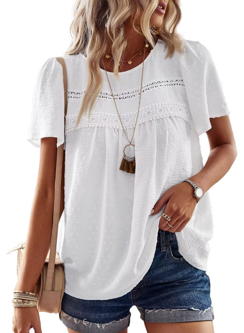 Falechay White Tops Tunic Tops Crewneck Shirts Short Sleeve Blouses for Women Fashion 2025 Babydoll Lace Tassel Swiss Dot Boho Clothing M - Image 1