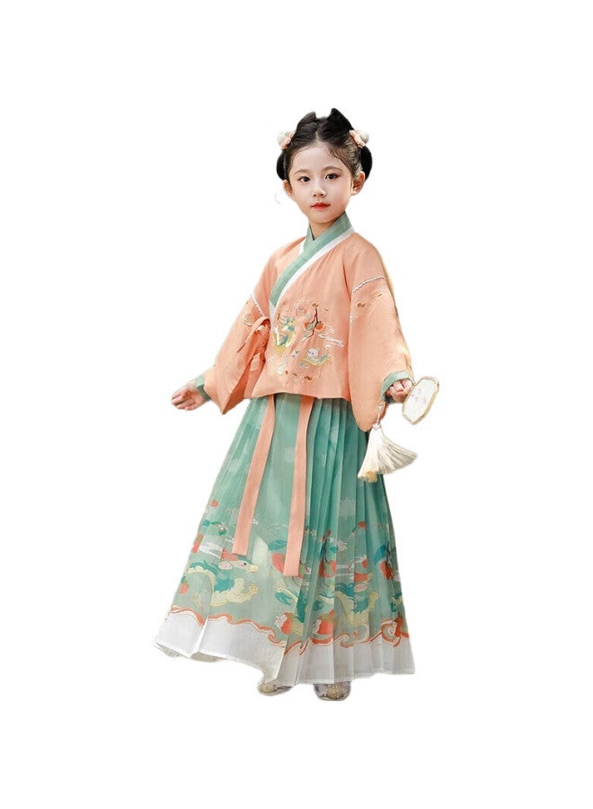 ROMON Girls' Hanfu, Chinese-Style Ancient Costume, Autumn Children'S Horse-Face Skirt Set, Performance Outfit, Hanfu Rosy Two-Piece Set, 130 - Image 2