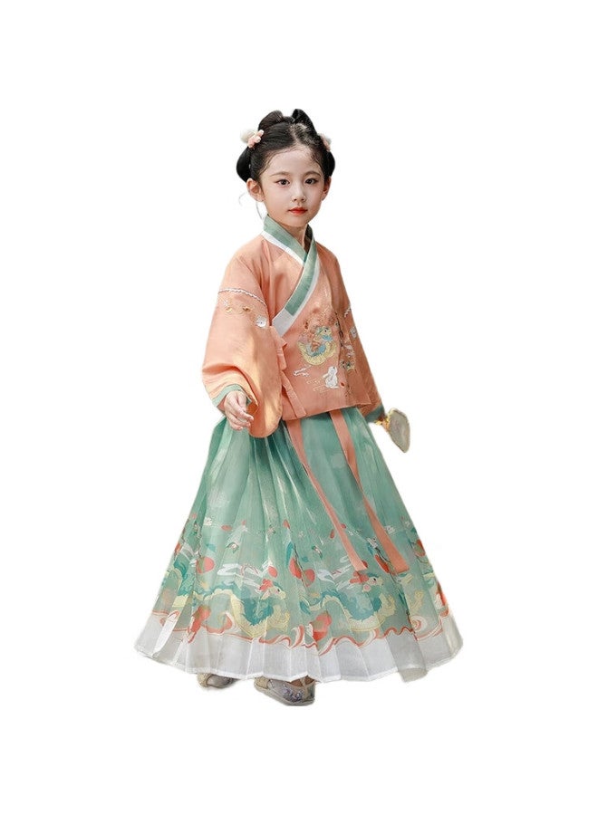 ROMON Girls' Hanfu, Chinese-Style Ancient Costume, Autumn Children'S Horse-Face Skirt Set, Performance Outfit, Hanfu Rosy Two-Piece Set, 130 - Image 1