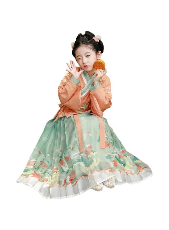 ROMON Girls' Hanfu, Chinese-Style Ancient Costume, Autumn Children'S Horse-Face Skirt Set, Performance Outfit, Hanfu Rosy Two-Piece Set, 130 - Image 3