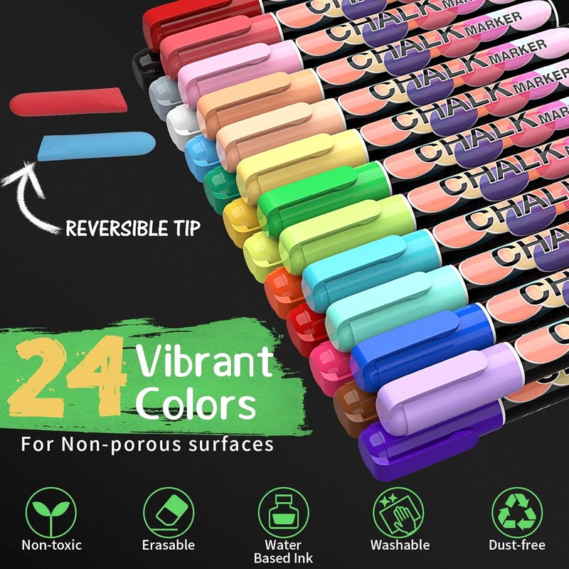 SAKEYR Liquid Chalk Markers Pens - 24 Colors Washable & Wet Erase Neon Chalk Makers for Blackboard, Chalkboard Signs, Glass Window, Graduation Celebration School Kids Art - Erasable Window Markers for Cars - Image 2