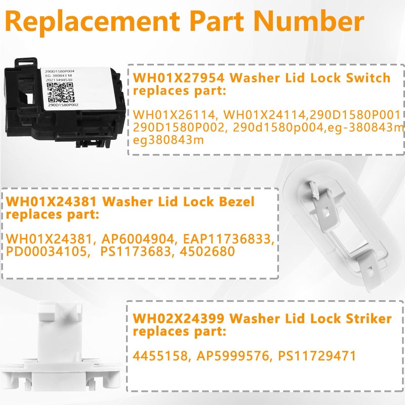 Cykemo (???????? ????????????????) Wh01X27954 Washer Lid Lock Switch Wh01X24381 Washer Lid Lock Bezel Wh02X24399 Washer Lid Lock Striker - Compatible With Ge Hotpoint Top Load Washer Replacement (3 Packs) - Image 5