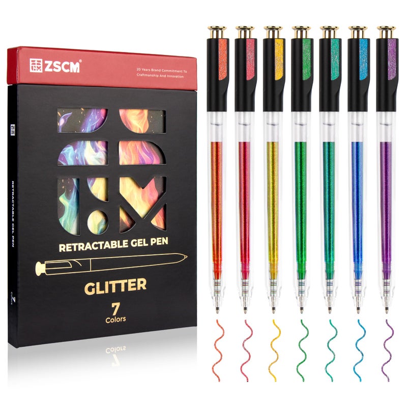 ZSCM Retractable Glitter Gel Pens, 7 Colors Large Capacity Sparkle Shimmer Gel Ink Pens for Adult Coloring, 1.0 mm Fine Point Smooth Writing Color Pen for Party Decor Note Taking Aesthetic Art Supplies - Image 1