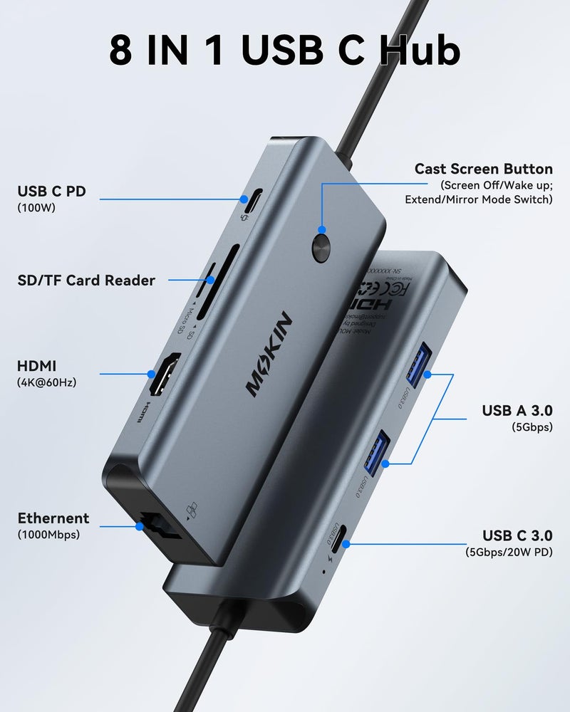 Mokin USB C Hub for MacBook Pro/Air,Mac Dongle with 3 USB Port,USB C to HDMI, USB C to RJ45 Ethernet,MOKiN 8 in 1 USB C to HDMI Adapter,100W PD Charging, USB C to SD/TF Card Reader USB C Hub - Image 2
