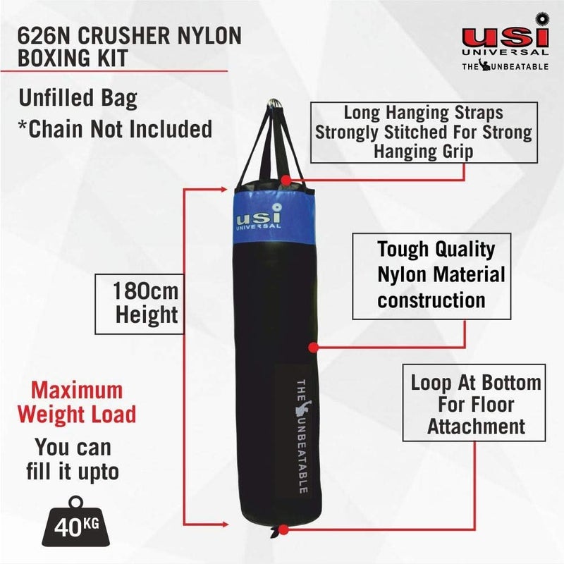 USI UNIVERSAL Punching Bag, 626N Crusher Nylon Unfilled Boxing Bag for Boxing Martial Arts Kickboxing Training, Nylon Material, Long Hanging Strap, Dia 33cm (Length 180cm) - Image 4