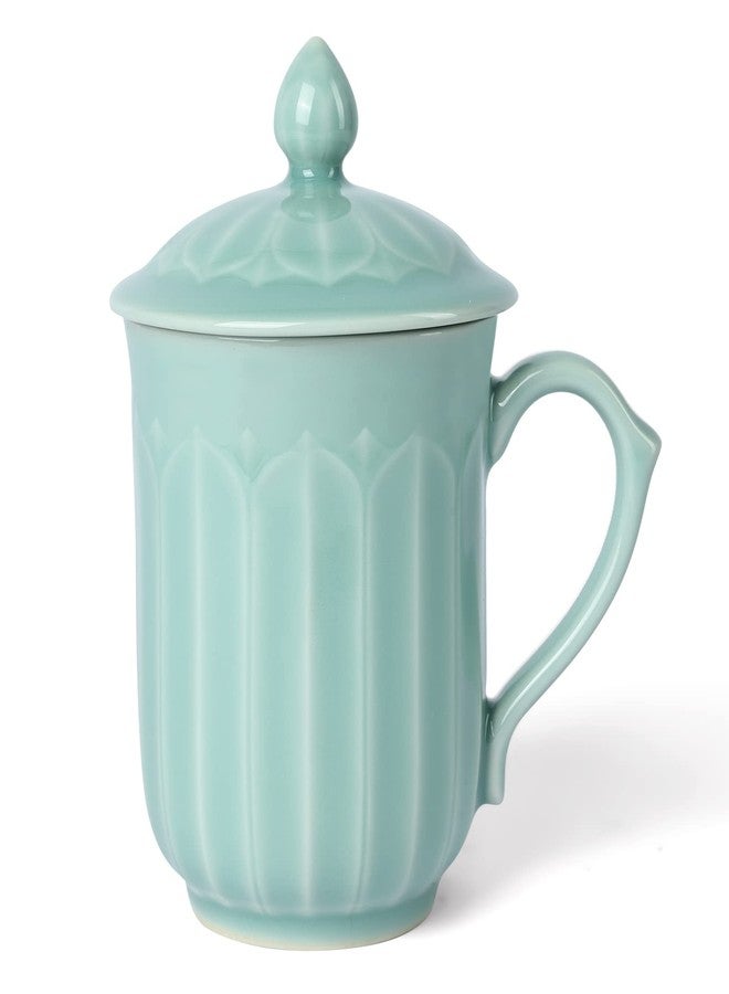 Tingyework Porcelain Lotus Tea Cup with Lid and Handle, 12 oz Unique Coffee Mug, Microwave Dishwasher Safe, Gifts for Women and Men, Aesthetic Chinese Celadon 1 Pack (Sky Blue) - Image 1