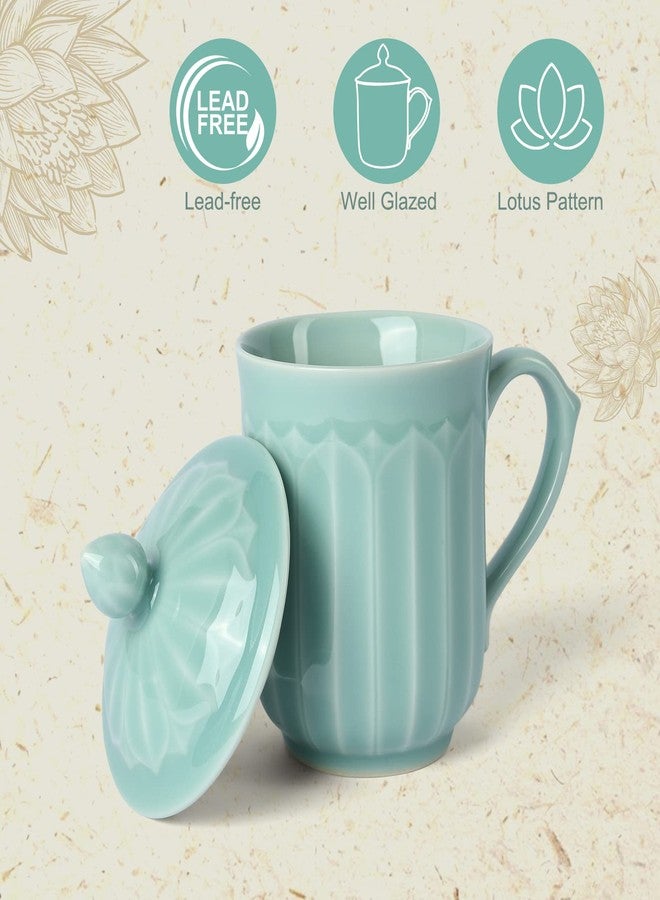 Tingyework Porcelain Lotus Tea Cup with Lid and Handle, 12 oz Unique Coffee Mug, Microwave Dishwasher Safe, Gifts for Women and Men, Aesthetic Chinese Celadon 1 Pack (Sky Blue) - Image 3
