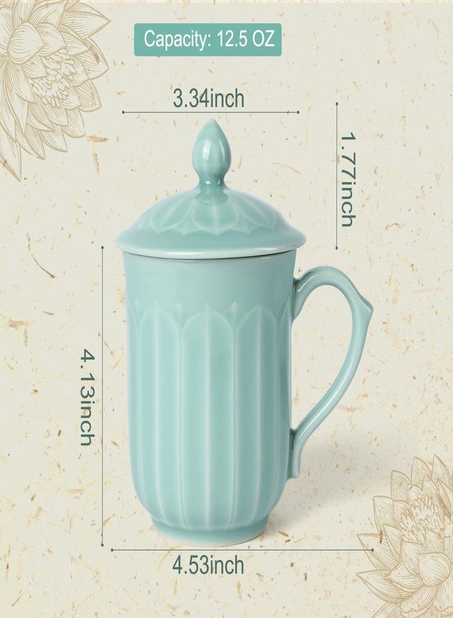 Tingyework Porcelain Lotus Tea Cup with Lid and Handle, 12 oz Unique Coffee Mug, Microwave Dishwasher Safe, Gifts for Women and Men, Aesthetic Chinese Celadon 1 Pack (Sky Blue) - Image 2