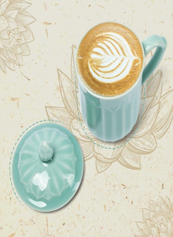 Tingyework Porcelain Lotus Tea Cup with Lid and Handle, 12 oz Unique Coffee Mug, Microwave Dishwasher Safe, Gifts for Women and Men, Aesthetic Chinese Celadon 1 Pack (Sky Blue) - Image 4