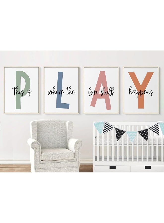 Baccone Kids Playroom Wall Art Playroom Wall Decor Childrens Playroom Canvas Prints Boy Kids Room Wall Art Decor Toddler Nursery Wall Art Playroom Artwork Let'S Play Sign 12x16 Inch Set of 4 FRAMED - Image 4