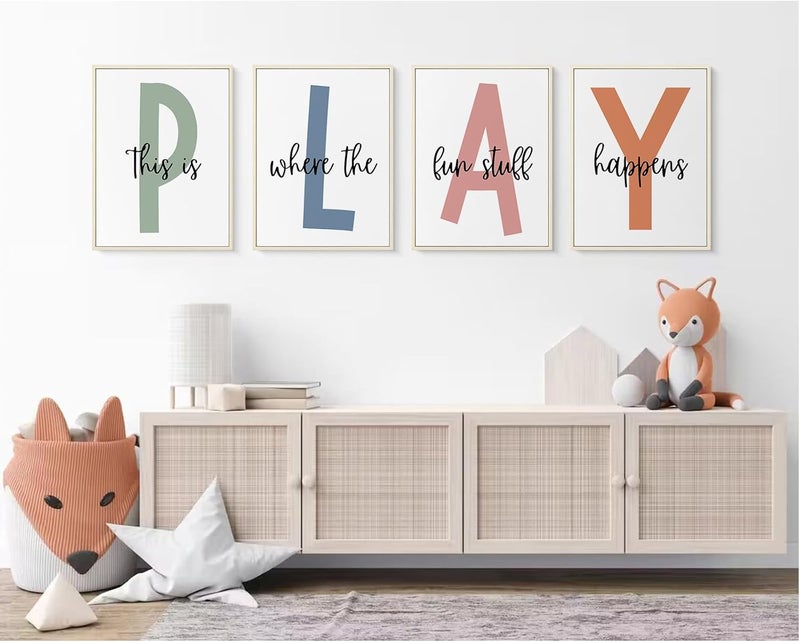 Baccone Kids Playroom Wall Art Playroom Wall Decor Childrens Playroom Canvas Prints Boy Kids Room Wall Art Decor Toddler Nursery Wall Art Playroom Artwork Let'S Play Sign 12x16 Inch Set of 4 FRAMED - Image 3