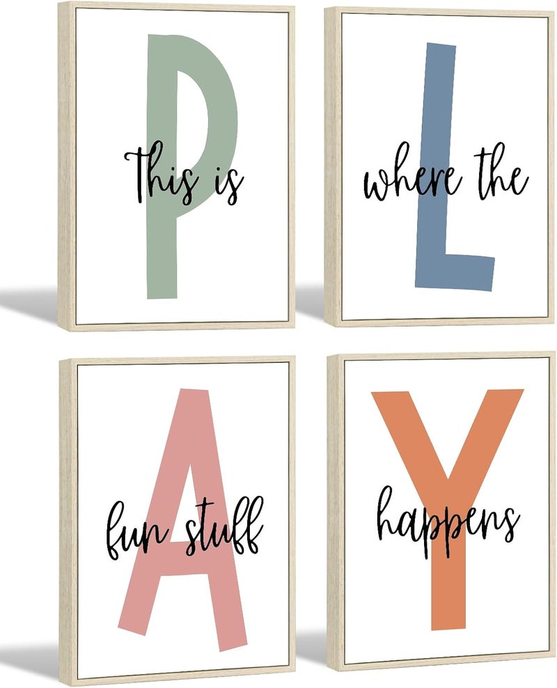 Baccone Kids Playroom Wall Art Playroom Wall Decor Childrens Playroom Canvas Prints Boy Kids Room Wall Art Decor Toddler Nursery Wall Art Playroom Artwork Let'S Play Sign 12x16 Inch Set of 4 FRAMED - Image 1