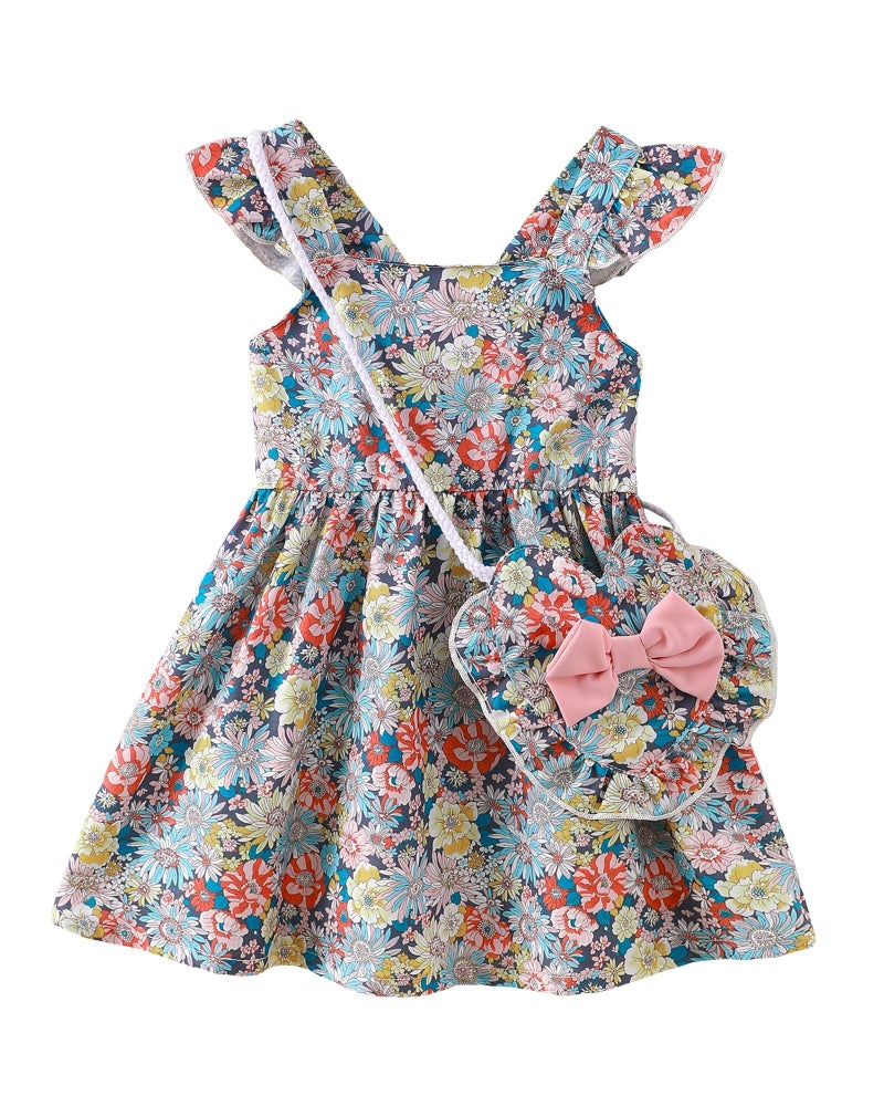 Mioglrie 18-24 Months Girl Clothes Baby Girls Dress Infant Summer Outfits Toddler Casual Ruffle Sleeve Floral Sundress with Cute Bag - Image 1