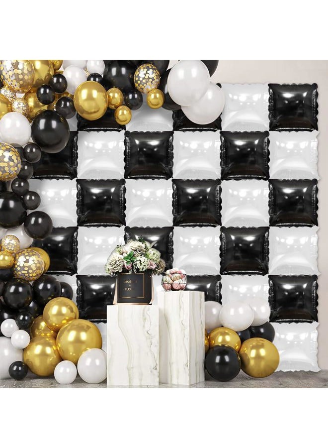 YiYou 36 Pcs Black and White Square Foil Balloon Wall Backdrop Double Sided Race Car Checkered Balloons Backdrop Tunnel Arch Kit Mylar Square Balloons for Race Car Birthday Party Decorations - Image 2