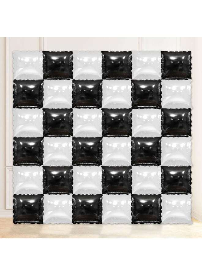 YiYou 36 Pcs Black and White Square Foil Balloon Wall Backdrop Double Sided Race Car Checkered Balloons Backdrop Tunnel Arch Kit Mylar Square Balloons for Race Car Birthday Party Decorations - Image 1