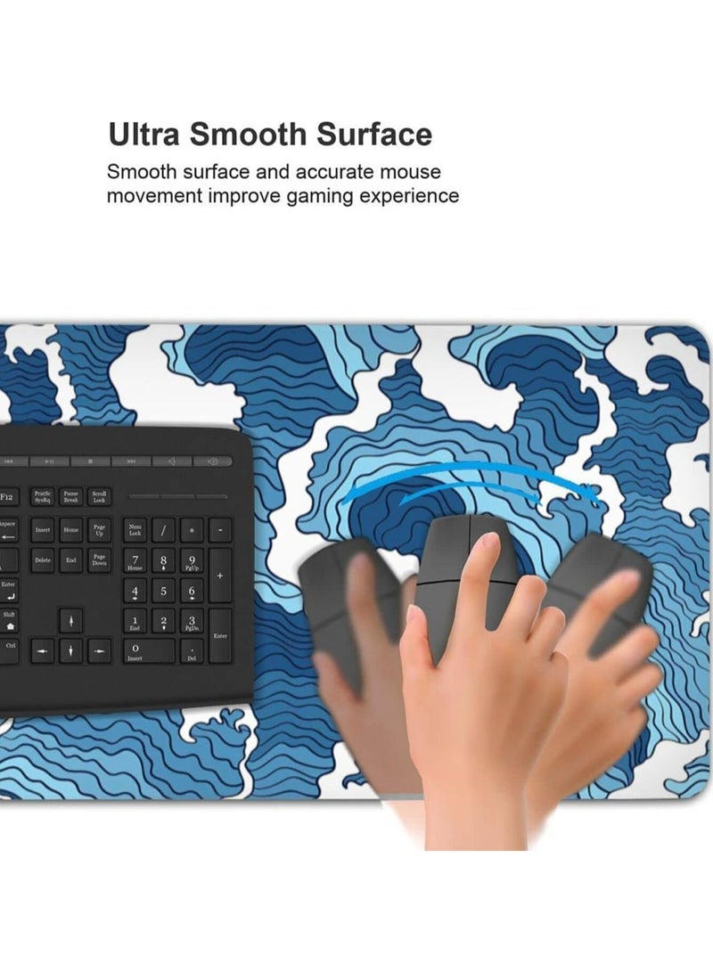 CMGTYYD Mouse Pad, Blue and White Mouse Pad, Gaming Large Long Mousepad, Extended Xl Desk Mat, Smooth, Surface Non Slip Rubber Base Stitched Edges Mice Pad, 31.5 X 11.8 Inch(Wave) - Image 3