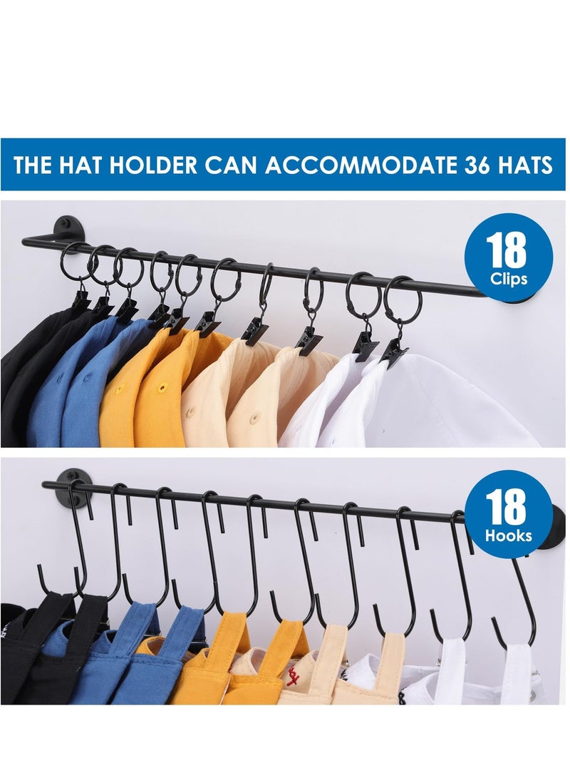 Hat Rack for Wall with 36 Hooks, Hat Organizer Holder for Baseball Caps, Cap Organizer Hanger, Hat Hanger for Closet, for Closet Bedroom Laundry Set of 3 (Black) - Image 3