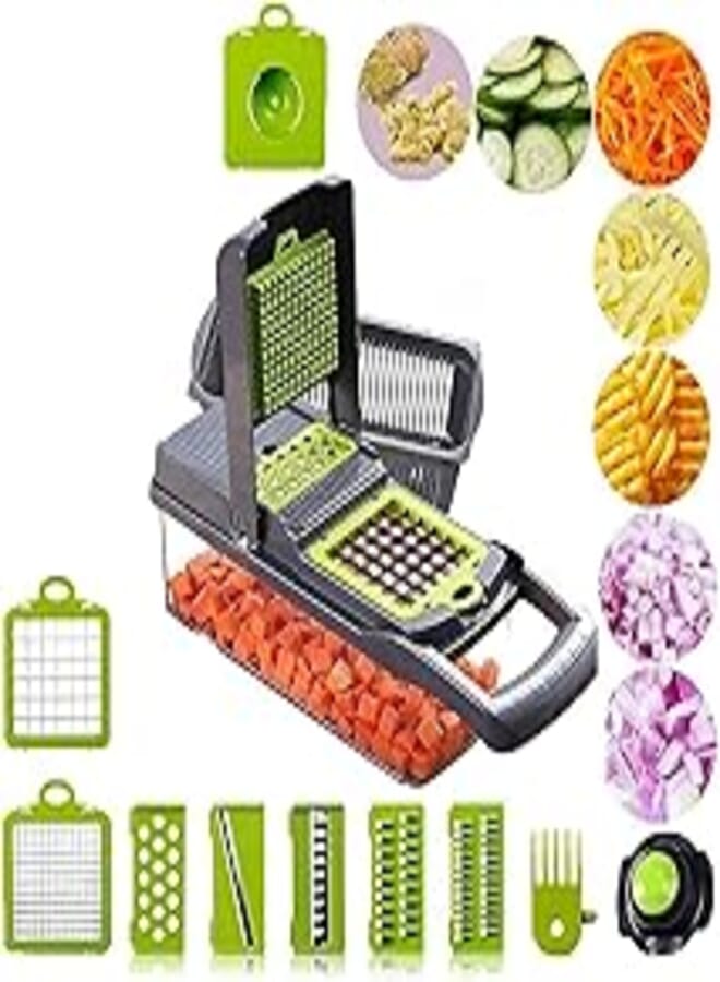 Vegetable Chopper Slicer Cutter Dicer, Multifunctional Mandoline Slicer Onion Slicer Vegetable Slicer Salad Slicer with Food Container & Cleaning Brush for Onion Potato Tomato Salad Fruit 