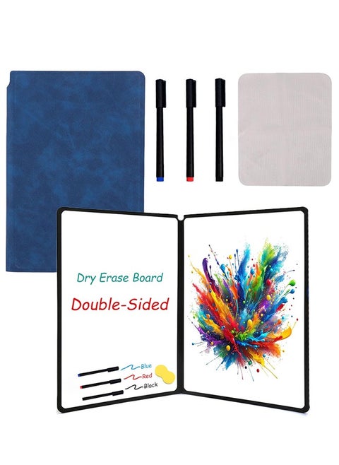 Whiteboard Notebook Reusable, Dry Erase Whiteboard with Pen and Wiping Cloth A5 Portable Dry Erase Pad with PU Cover White Board for Notes Lists Memo Message Presentation (Dark Blue)