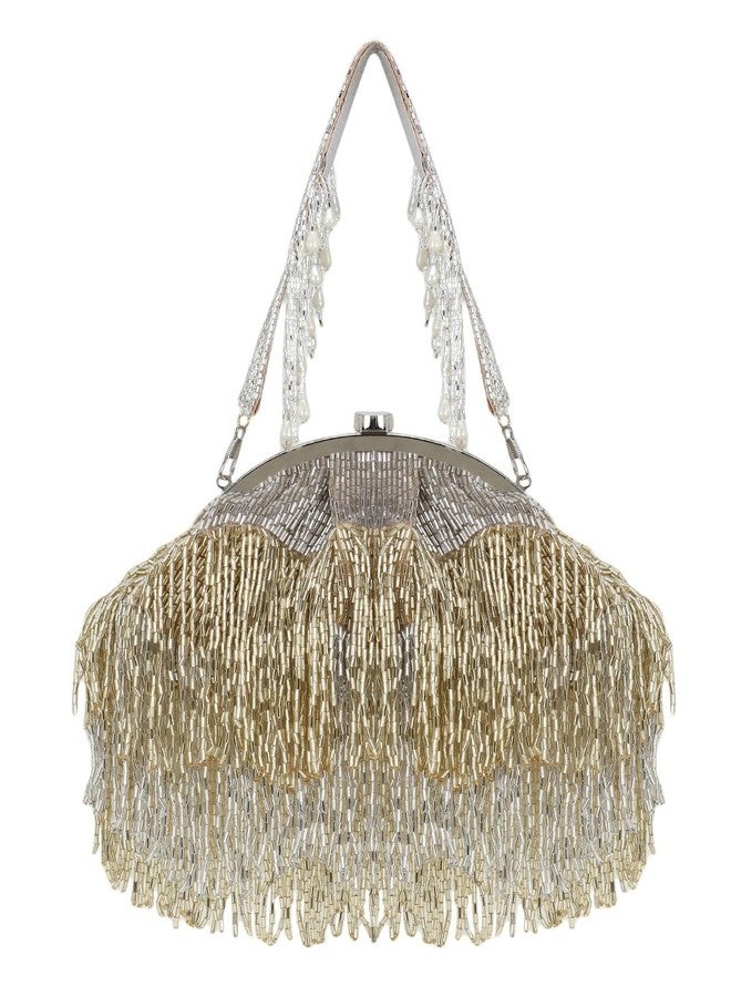 Anekaant Womens Hue Gold & Silver Embellished Faux Silk Purse Clutch - Image 1