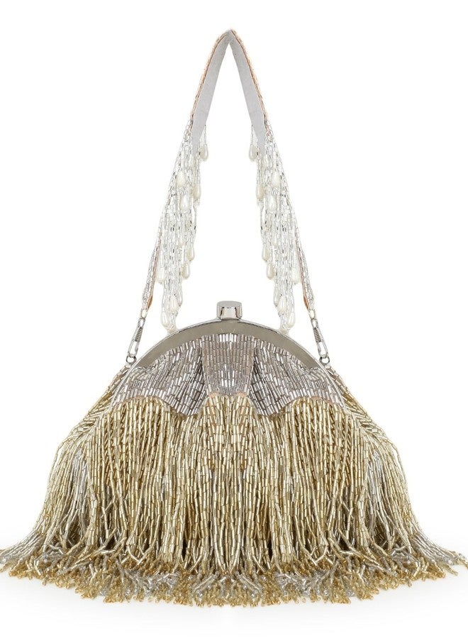 Anekaant Womens Hue Gold & Silver Embellished Faux Silk Purse Clutch - Image 4