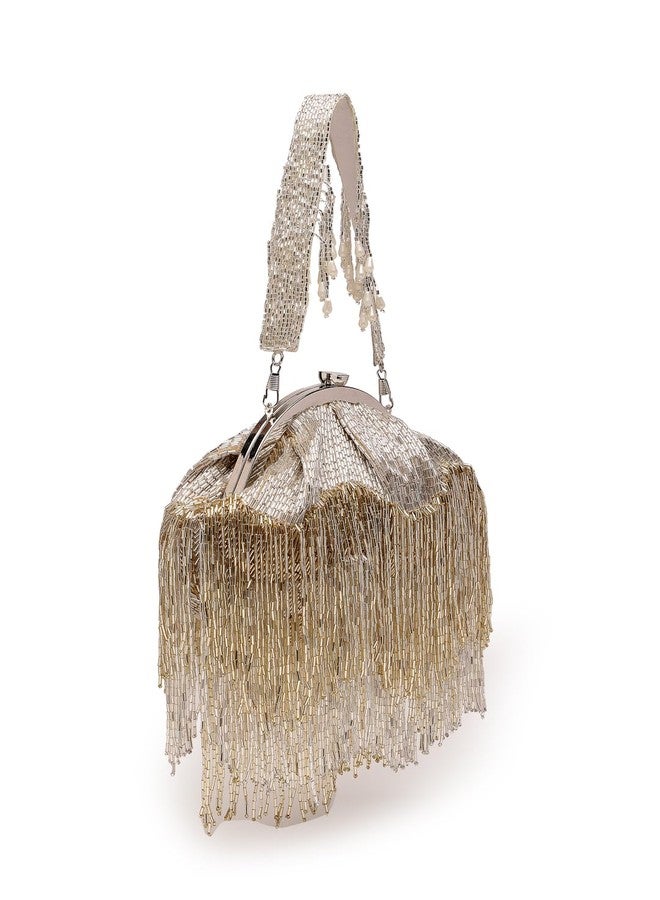 Anekaant Womens Hue Gold & Silver Embellished Faux Silk Purse Clutch - Image 5