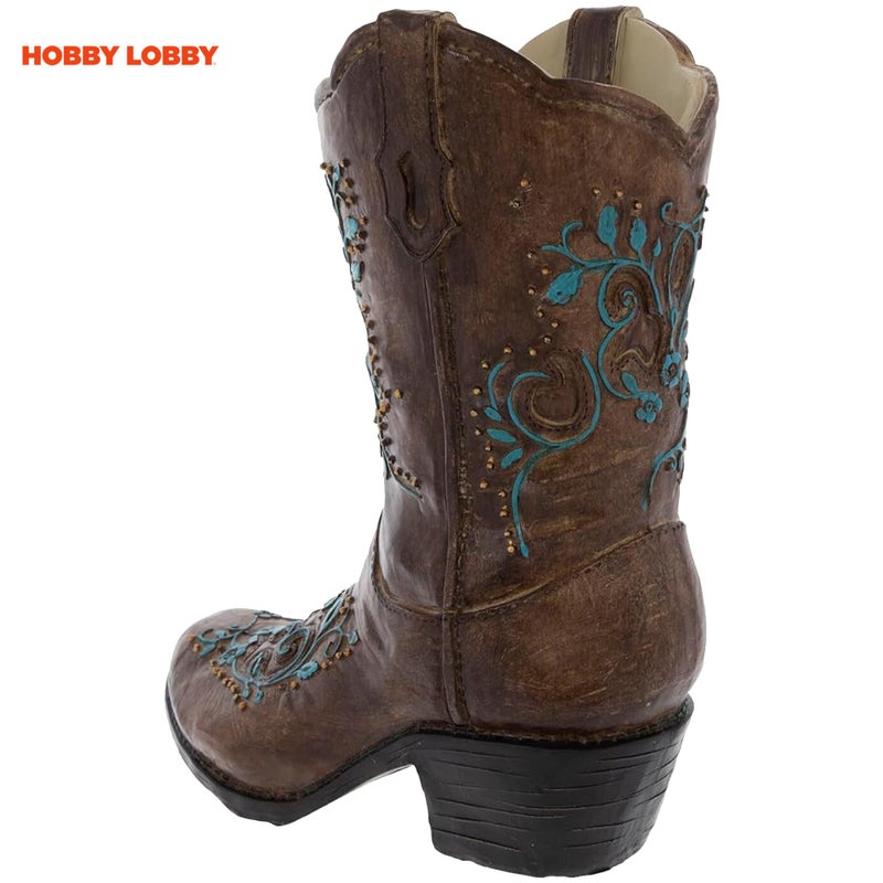 Hobby Lobby Brown and Turquoise Floral Cowboy Boot Vase, 9.56" H x 8.19" W, Faux Floral Centerpiece Vase - Image 3