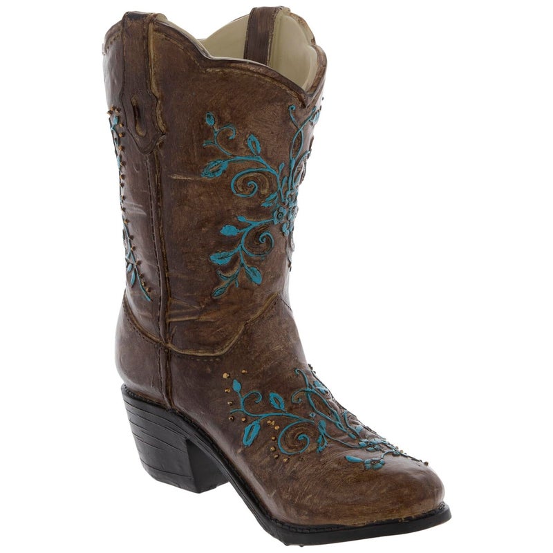 Hobby Lobby Brown and Turquoise Floral Cowboy Boot Vase, 9.56" H x 8.19" W, Faux Floral Centerpiece Vase - Image 1