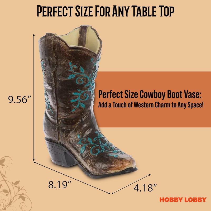 Hobby Lobby Brown and Turquoise Floral Cowboy Boot Vase, 9.56" H x 8.19" W, Faux Floral Centerpiece Vase - Image 4