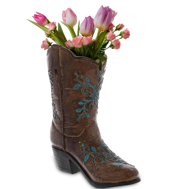Hobby Lobby Brown and Turquoise Floral Cowboy Boot Vase, 9.56" H x 8.19" W, Faux Floral Centerpiece Vase - Image 2