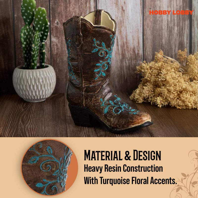 Hobby Lobby Brown and Turquoise Floral Cowboy Boot Vase, 9.56" H x 8.19" W, Faux Floral Centerpiece Vase - Image 5