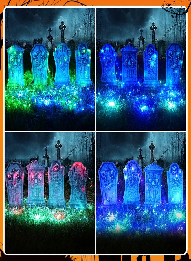 Sinranac 4 Pcs 16.2" Halloween Tombstones Decoration with 2 Green Fairy Lights(3 Modes) & 4 Blue Lights(3 Modes), Plastic RIP Grave Yard Signs with 8 Stakes for Grave, Outdoor Garden, Party Decor - Image 3