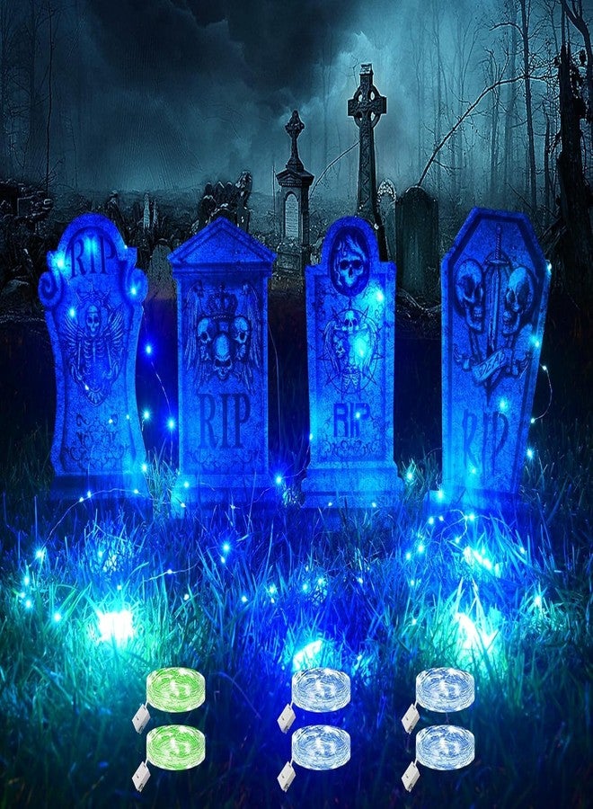 Sinranac 4 Pcs 16.2" Halloween Tombstones Decoration with 2 Green Fairy Lights(3 Modes) & 4 Blue Lights(3 Modes), Plastic RIP Grave Yard Signs with 8 Stakes for Grave, Outdoor Garden, Party Decor - Image 1