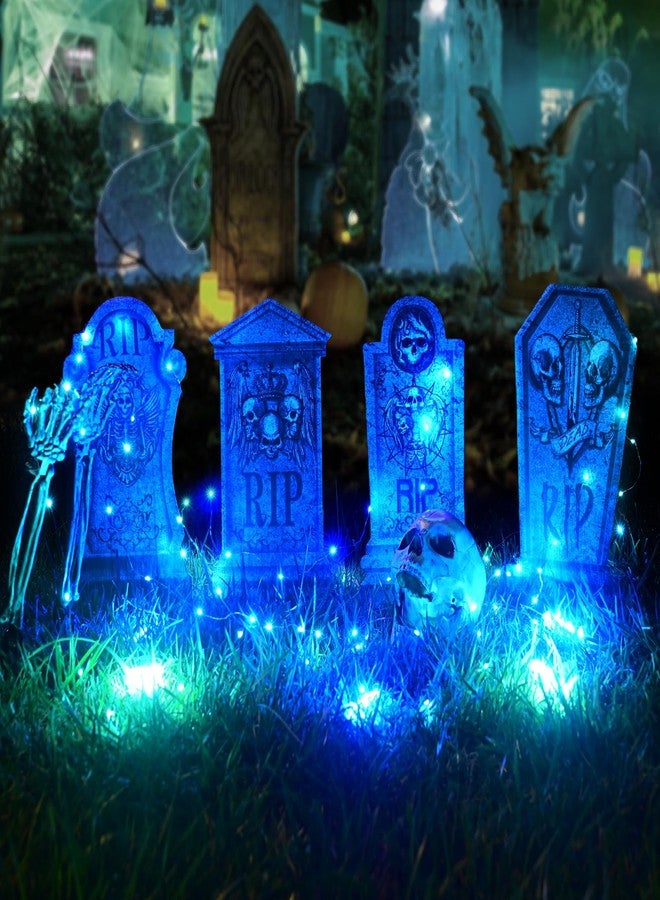 Sinranac 4 Pcs 16.2" Halloween Tombstones Decoration with 2 Green Fairy Lights(3 Modes) & 4 Blue Lights(3 Modes), Plastic RIP Grave Yard Signs with 8 Stakes for Grave, Outdoor Garden, Party Decor - Image 2