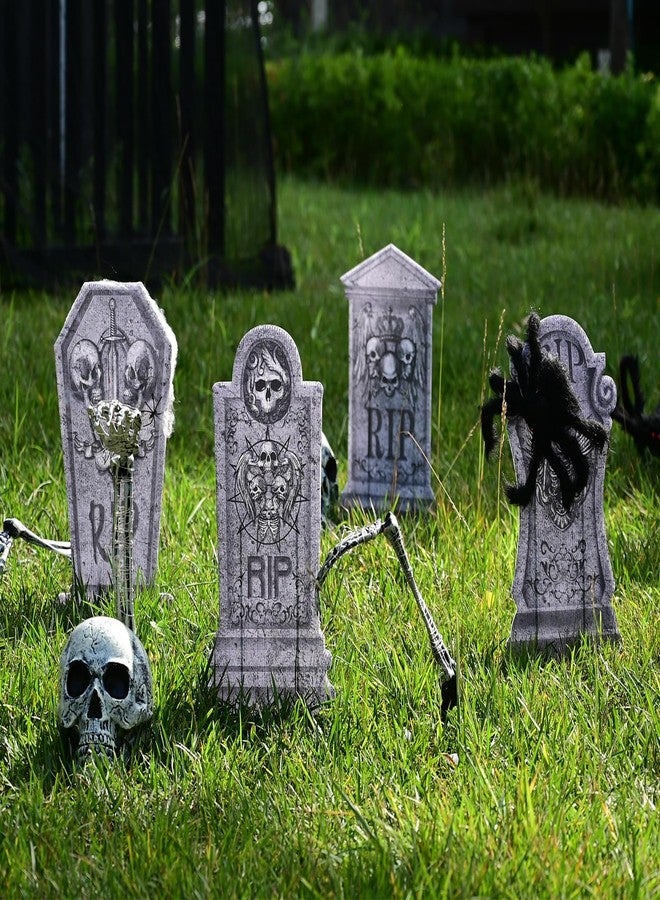 Sinranac 4 Pcs 16.2" Halloween Tombstones Decoration with 2 Green Fairy Lights(3 Modes) & 4 Blue Lights(3 Modes), Plastic RIP Grave Yard Signs with 8 Stakes for Grave, Outdoor Garden, Party Decor - Image 4
